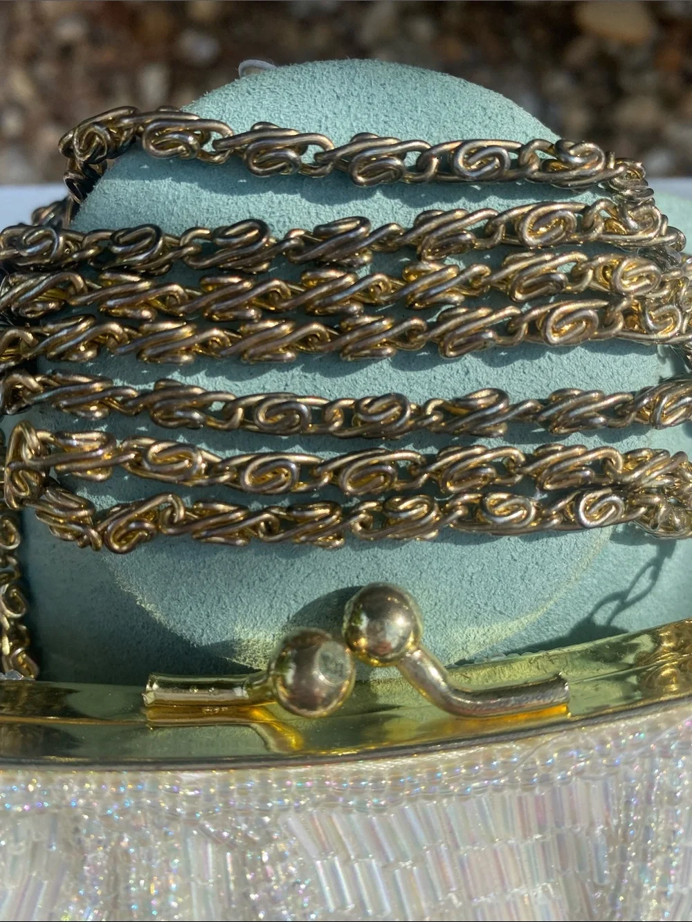 Pearl-White Beaded Evening Clutch with Gold Chain